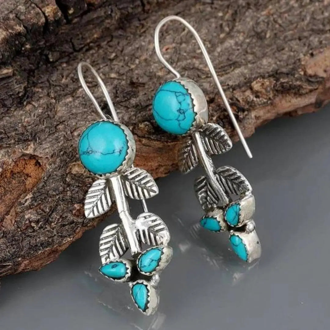 Silver Boho Leaf Opal Earrings