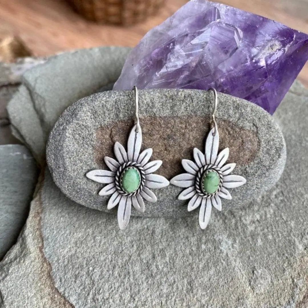 Sterling Silver Lotus Earrings with Green Stones