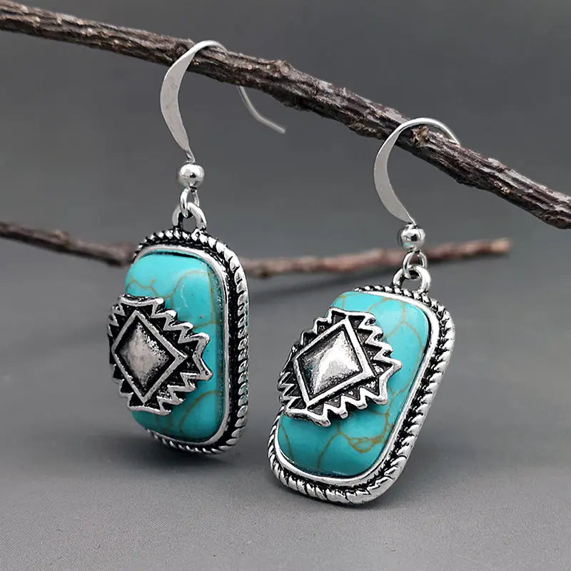 Ethnic Silver-Plated Turquoise Stone Earrings