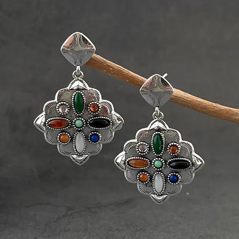 Vintage Colorful Stone Silver Earrings