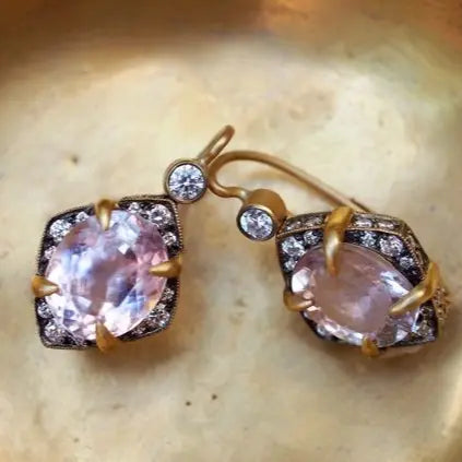 Pink Crystal Earrings in Gold in Vintage Style