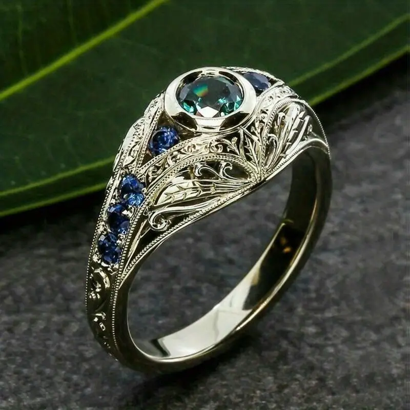 Hollow Silver Ring with Blue Crystals