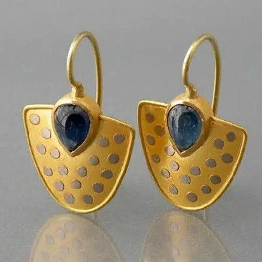 Golden Shield with Blue Crystal Earrings