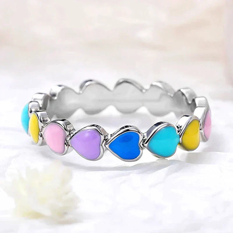 Rainbow Hearts Ring made of 925 Sterling Silver and Hand-Painted Enamel