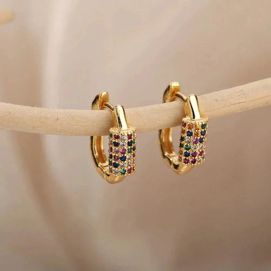 Minimalist Earrings with Multicolored Cubic Zirconia in Gold