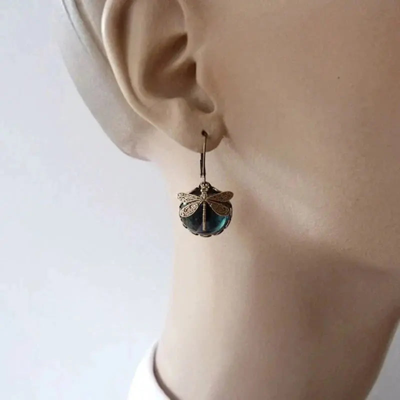 Spherical dragonfly earrings in antique gold