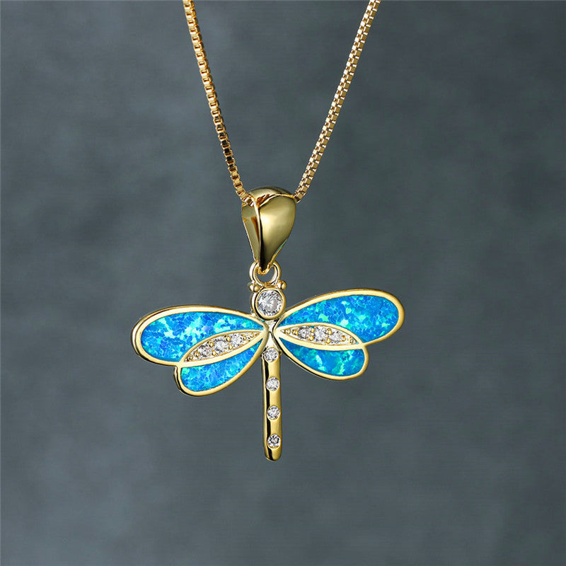 Dragonfly necklace in gold with opal