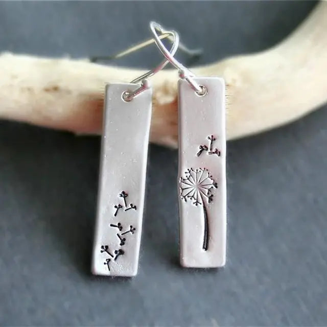 Rectangular Earrings Dandelion in Silver