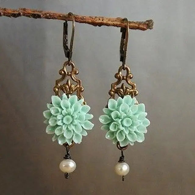 Boho Earrings with Turquoise Flower and Pearl