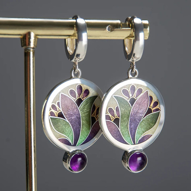 Boho earrings with purple crystals made of sterling silver