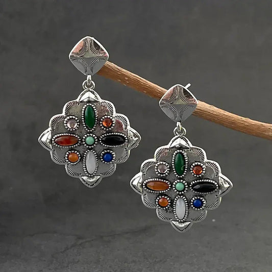 Vintage Colorful Stone Silver Earrings