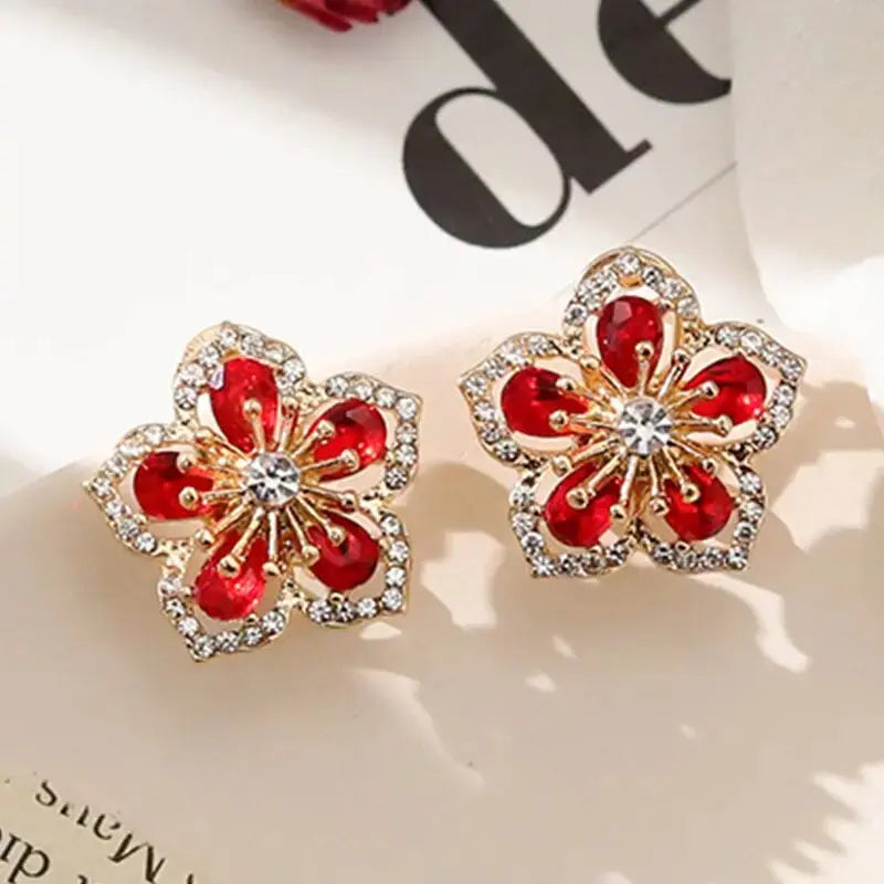 Red Crystal Flower Shiny Earrings