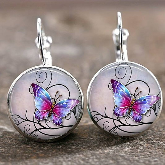Round earrings with crystal and butterflies