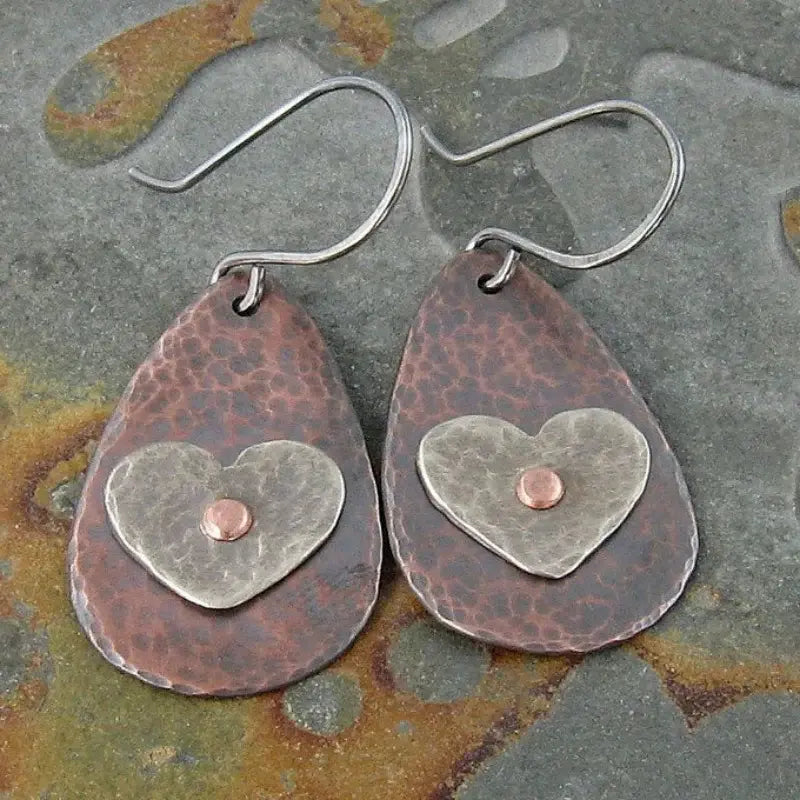 Vintage Bronze Silver Heart Earrings