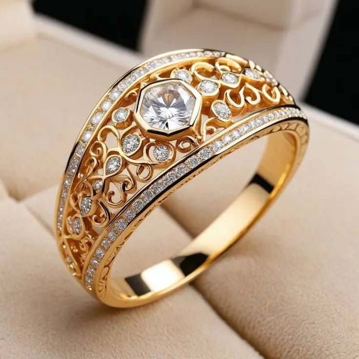 Gold-plated hollow ring with crystal